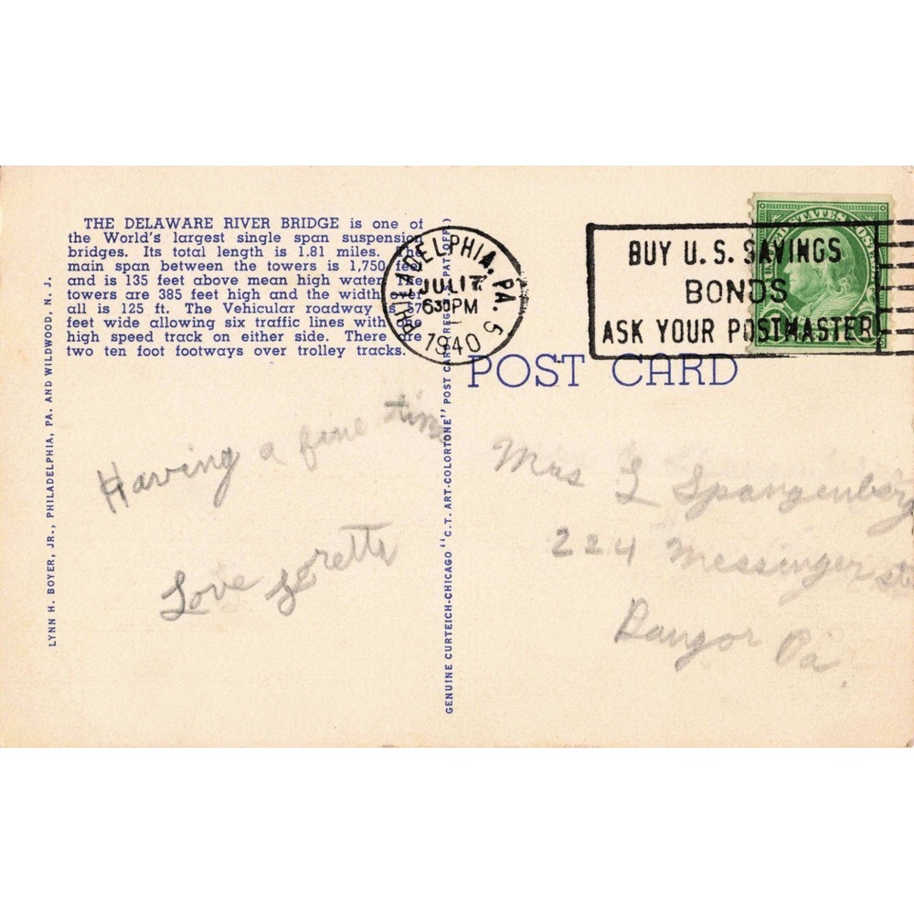Delaware River Bridge Philadelphia PA Camden NJ Linen Postcard Curt Teich 1930s - Picture 2 of 2